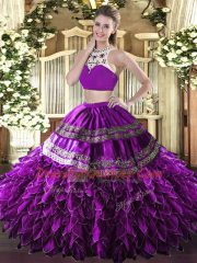 Amazing Tulle High-neck Sleeveless Backless Beading and Ruffles Sweet 16 Dresses in Eggplant Purple