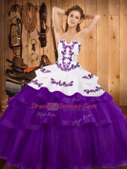 Inexpensive Purple 15 Quinceanera Dress Military Ball and Sweet 16 and Quinceanera with Embroidery and Ruffled Layers Strapless Sleeveless Sweep Train Lace Up