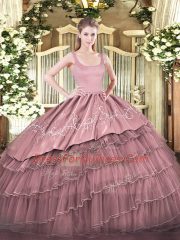 Ideal Pink Ball Gowns Straps Sleeveless Organza Floor Length Zipper Embroidery and Ruffled Layers 15 Quinceanera Dress