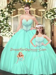 Custom Design Sweetheart Sleeveless Quince Ball Gowns Floor Length Beading Aqua Blue Tulle