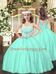 Custom Design Sweetheart Sleeveless Quince Ball Gowns Floor Length Beading Aqua Blue Tulle