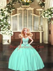 Custom Design Sweetheart Sleeveless Quince Ball Gowns Floor Length Beading Aqua Blue Tulle