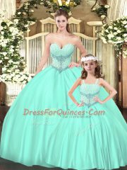 Custom Design Sweetheart Sleeveless Quince Ball Gowns Floor Length Beading Aqua Blue Tulle