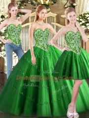 Beauteous Floor Length Lace Up Quinceanera Dresses Green for Military Ball and Sweet 16 and Quinceanera with Beading