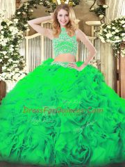High-neck Sleeveless Sweet 16 Quinceanera Dress Floor Length Beading and Ruffles Green Tulle