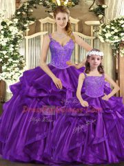 Superior Floor Length Purple Ball Gown Prom Dress Organza Sleeveless Beading and Ruffles