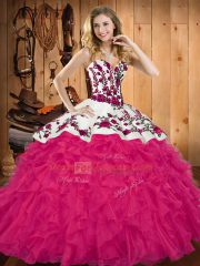 Exquisite Floor Length Hot Pink Quince Ball Gowns Sweetheart Sleeveless Lace Up