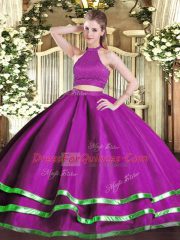 Ball Gowns Sweet 16 Dress Fuchsia Halter Top Tulle Sleeveless Floor Length Backless