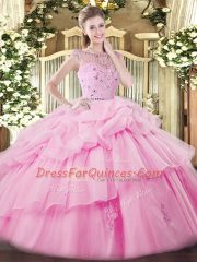 Rose Pink Sleeveless Beading and Ruffles and Pick Ups Floor Length Sweet 16 Dresses