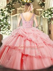 Rose Pink Sleeveless Beading and Ruffles and Pick Ups Floor Length Sweet 16 Dresses