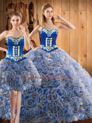Fantastic Sweep Train Three Pieces Ball Gown Prom Dress Multi-color Strapless Satin and Fabric With Rolling Flowers Sleeveless With Train Lace Up