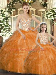 Orange Red Organza Lace Up Straps Sleeveless Floor Length Sweet 16 Quinceanera Dress Beading and Ruffles