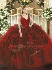 Ideal Floor Length Zipper Quince Ball Gowns Wine Red for Sweet 16 and Quinceanera with Beading and Ruffles