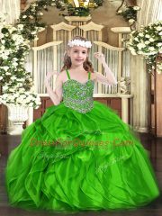 Sleeveless Floor Length Beading and Ruffles Lace Up Little Girl Pageant Gowns with Green