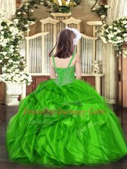 Sleeveless Floor Length Beading and Ruffles Lace Up Little Girl Pageant Gowns with Green