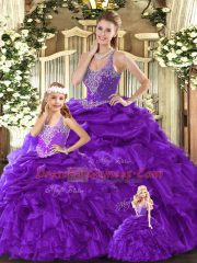 Purple Straps Neckline Beading and Ruffles Ball Gown Prom Dress Sleeveless Lace Up