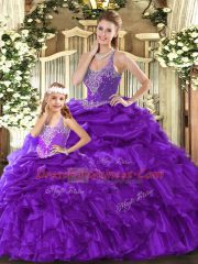 Purple Straps Neckline Beading and Ruffles Ball Gown Prom Dress Sleeveless Lace Up