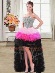 Custom Design Multi-color A-line Organza Sweetheart Sleeveless Beading and Ruffles High Low Lace Up Evening Dress