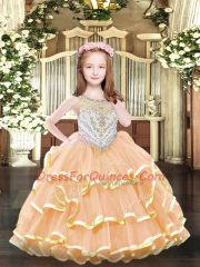Best Orange Ball Gowns Scoop Sleeveless Organza Floor Length Zipper Beading and Ruffled Layers Kids Pageant Dress