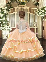 Best Orange Ball Gowns Scoop Sleeveless Organza Floor Length Zipper Beading and Ruffled Layers Kids Pageant Dress