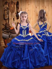 Custom Design Royal Blue Lace Up Quinceanera Dress Embroidery and Ruffles Sleeveless Floor Length