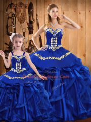 Custom Design Royal Blue Lace Up Quinceanera Dress Embroidery and Ruffles Sleeveless Floor Length