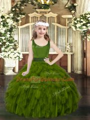 Olive Green Scoop Zipper Beading and Ruffles Little Girl Pageant Dress Sleeveless