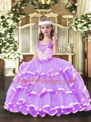 Lilac Organza Lace Up Pageant Dress Wholesale Sleeveless Floor Length Beading and Ruffled Layers