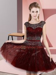 Custom Designed Knee Length Burgundy Prom Evening Gown Scoop Sleeveless Backless