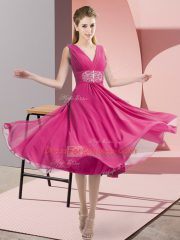 Pretty Knee Length Side Zipper Dama Dress for Quinceanera Hot Pink for Prom and Party and Wedding Party with Beading