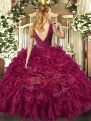 Purple Ball Gowns V-neck Sleeveless Organza Floor Length Backless Beading and Ruffles 15th Birthday Dress