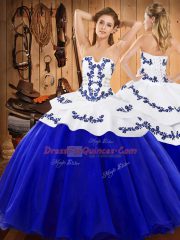 Excellent Royal Blue Lace Up Strapless Embroidery Vestidos de Quinceanera Satin and Organza Sleeveless