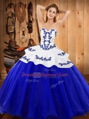 Excellent Royal Blue Lace Up Strapless Embroidery Vestidos de Quinceanera Satin and Organza Sleeveless
