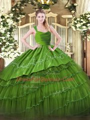 Affordable Satin and Organza Straps Sleeveless Zipper Ruffled Layers Quinceanera Gown in Olive Green