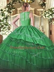 Affordable Satin and Organza Straps Sleeveless Zipper Ruffled Layers Quinceanera Gown in Olive Green