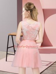 Flare A-line Court Dresses for Sweet 16 Pink Scoop Tulle Sleeveless Mini Length Side Zipper
