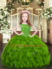 Organza Scoop Sleeveless Zipper Beading and Ruffles Kids Formal Wear in Green