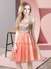 New Style Scoop Sleeveless Prom Dresses Knee Length Beading Peach Tulle