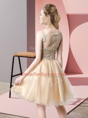 New Style Scoop Sleeveless Prom Dresses Knee Length Beading Peach Tulle