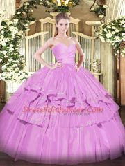 Sweet Lilac Lace Up Sweetheart Beading and Ruffled Layers Sweet 16 Dresses Taffeta Sleeveless