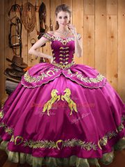 Sumptuous Fuchsia Off The Shoulder Neckline Beading and Embroidery Sweet 16 Quinceanera Dress Sleeveless Lace Up
