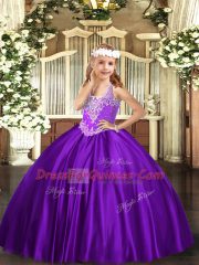 Purple V-neck Lace Up Beading Child Pageant Dress Sleeveless