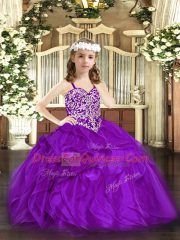 Purple Organza Lace Up Straps Sleeveless Floor Length Child Pageant Dress Beading and Ruffles