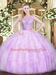 Lilac Ball Gowns Organza Scoop Sleeveless Lace and Ruffles Floor Length Backless Quinceanera Dresses