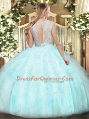 Lilac Ball Gowns Organza Scoop Sleeveless Lace and Ruffles Floor Length Backless Quinceanera Dresses