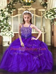 Organza Straps Sleeveless Lace Up Beading and Ruffles Girls Pageant Dresses in Purple