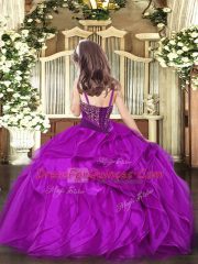 Organza Straps Sleeveless Lace Up Beading and Ruffles Girls Pageant Dresses in Purple