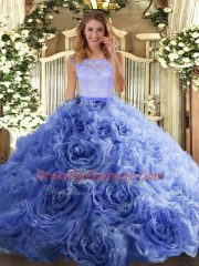 Blue Ball Gowns Scoop Sleeveless Organza and Fabric With Rolling Flowers Floor Length Zipper Beading and Lace Vestidos de Quinceanera