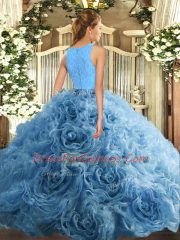 Blue Ball Gowns Scoop Sleeveless Organza and Fabric With Rolling Flowers Floor Length Zipper Beading and Lace Vestidos de Quinceanera