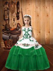 Green Tulle Lace Up Straps Sleeveless Floor Length Pageant Gowns For Girls Embroidery